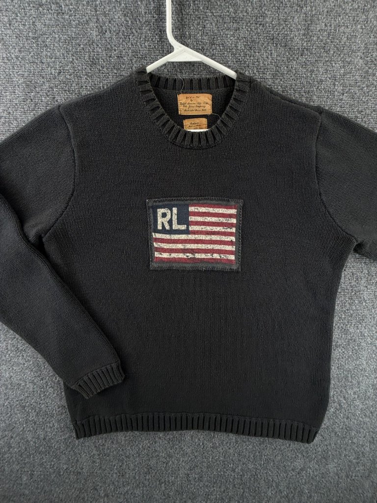 Ralph Lauren Men Black Gray Heavy Usa Flag Sweater Medium Cotton Pullover Logo